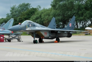 Polskie Siły Powietrzne; MiG-29 nr 77 wraz ze znakiem Witolda Sokoła: 'sokołem' oraz podpisem 'Toyo'